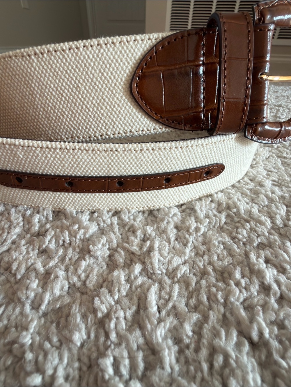 Ralph Lauren Women’s Canvas Belt with Brown Leather Trim - Cream